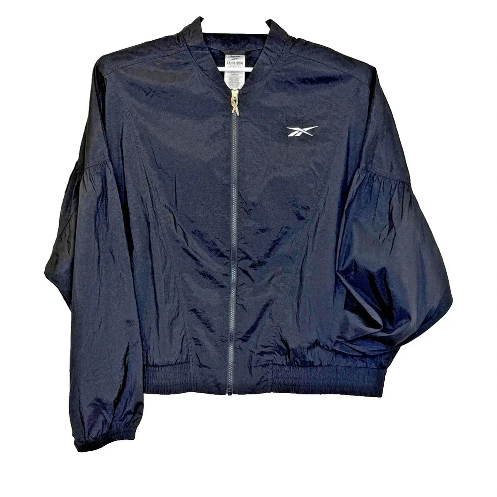 Reebok Windbreaker Jacket Womens Size 2X 18/20W‎ Black Full Zip Long Puff Sleeve
